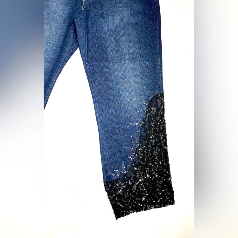 Embellished deep blue denim jeans Sequin Black Lace Embroidered Capri - Picture 5 of 13